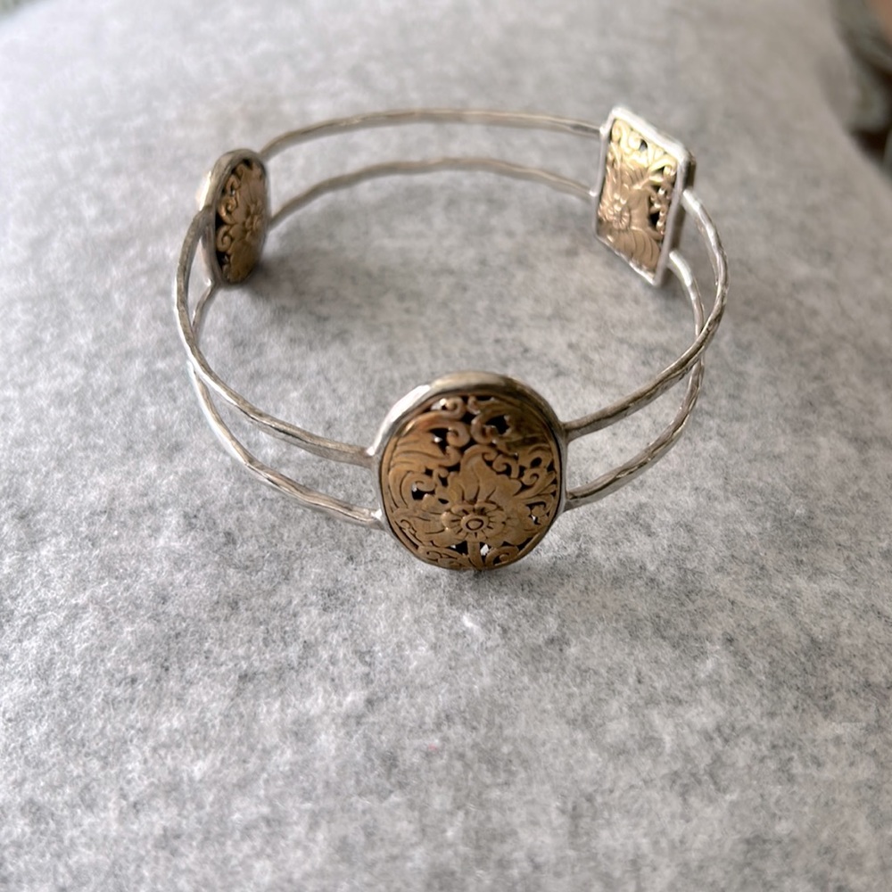 Two-tone .925 sterling, and gold accent filagree style bangle